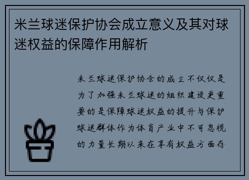 米兰球迷保护协会成立意义及其对球迷权益的保障作用解析